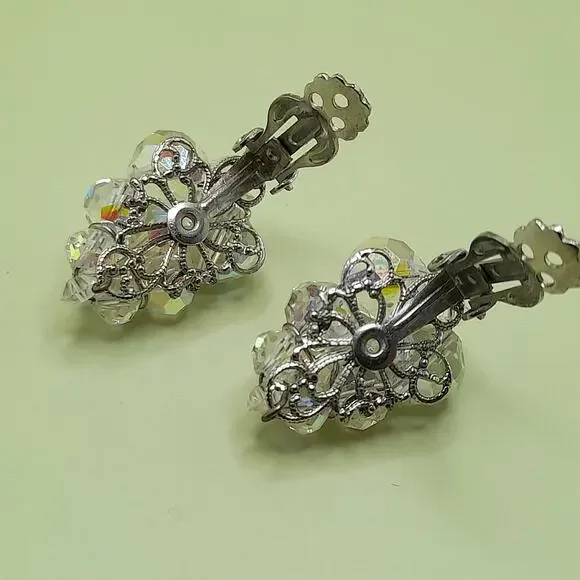 Vintage Aurora Borealis Bead Clip Earrings, 1 1/8 Inch, 1950s - Picture 9 of 10